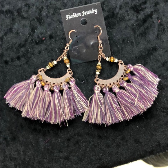 Boho fringe tassel earrings purple. - Picture 2 of 4